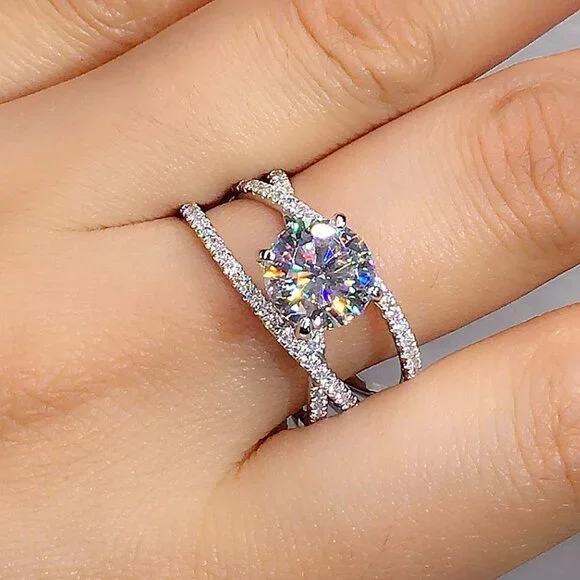 Engagement CZ Clear Super Large Silver Plated Wedding Beautiful Ring, K993